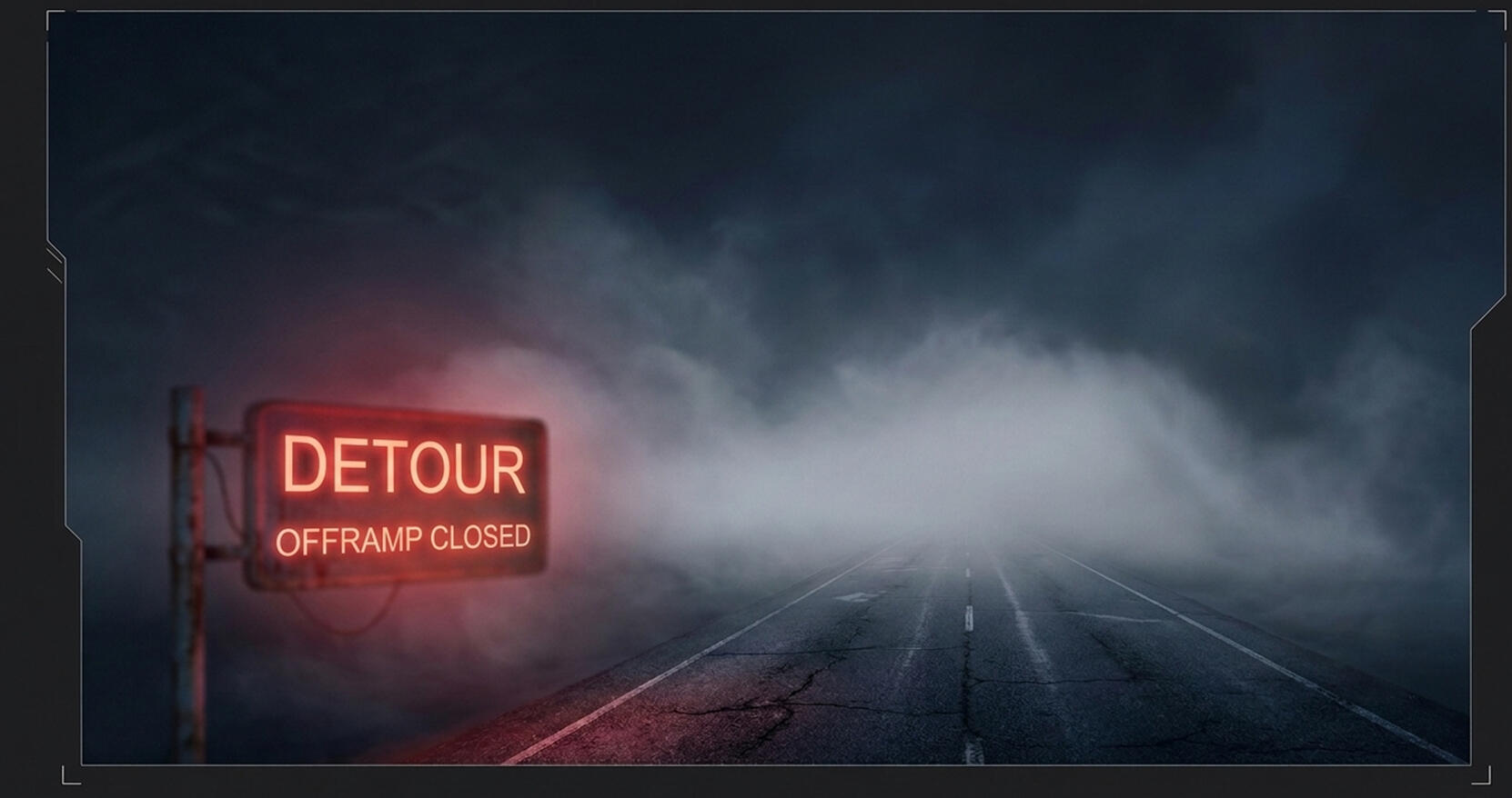Detour Detour Off Ramp closed sign to the left, highway stretching into the fog to the right.